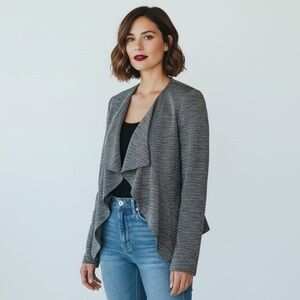 Boucle Tweed Gray Open Waterfall Blazer Casual chic Professional  dress jacket